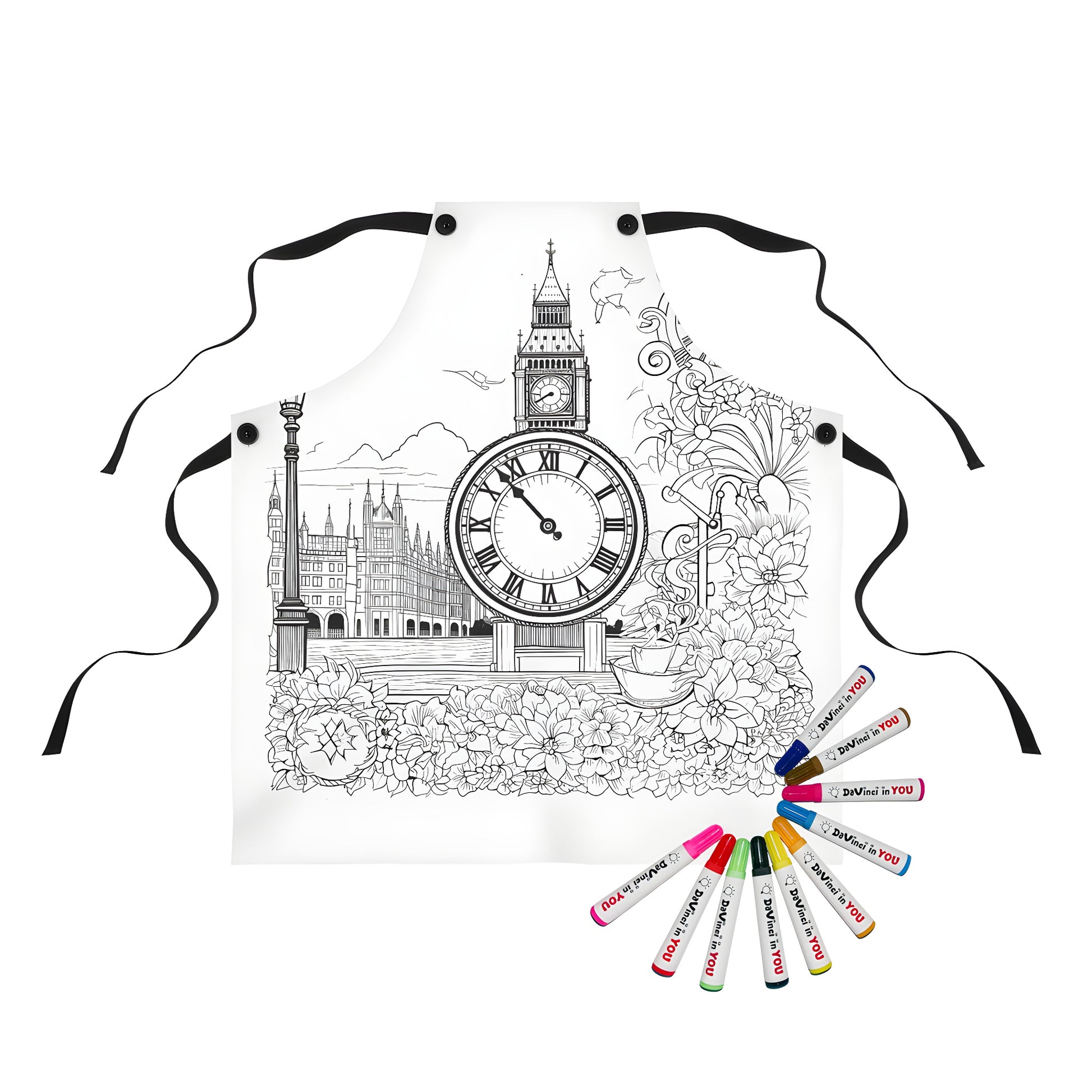 Vintage apron featuring detailed coloring page of clock tower landmark, Great Bell