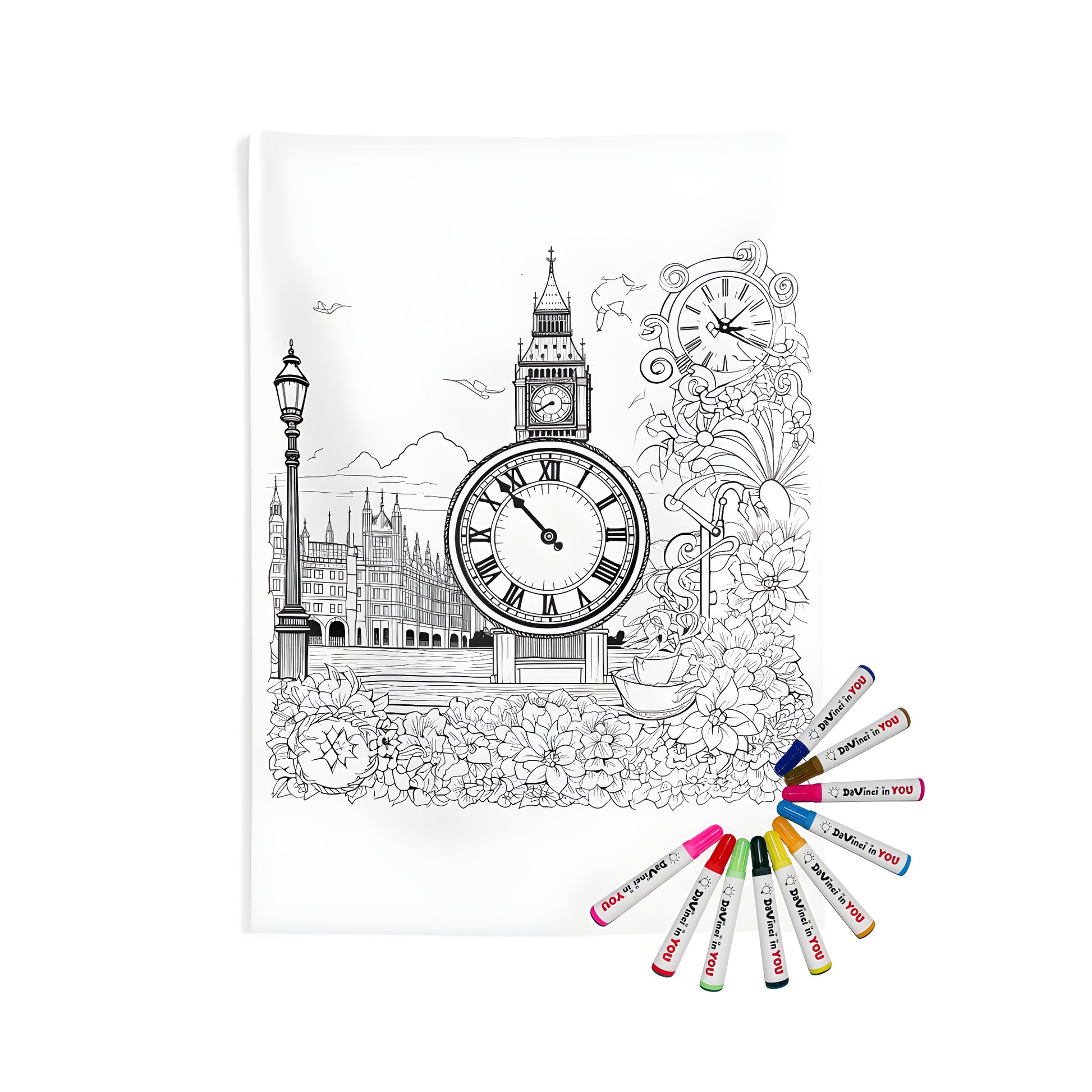 Indoor wall tapestries coloring kit with 10 fabric markers featuring a detailed, colorful illustration of London's iconic clock tower