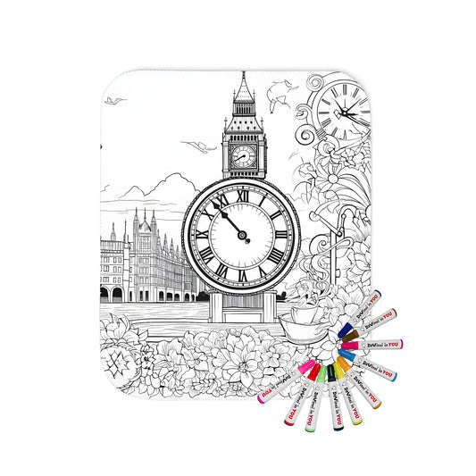 Blanket coloring kit product photo showing a blanket with intricate Big Ben London landmark details, floral patterns and street lamps