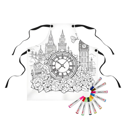 Apron with Big Ben coloring page design featuring iconic London landmarks and decorative flowers