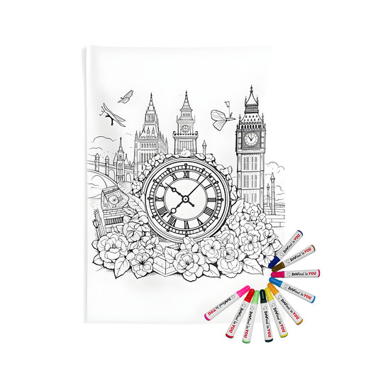 Indoor wall tapestry featuring a detailed Black-and-white illustration of London's iconic clock tower 'The Clock Tower', 'Elizabeth Tower', and 'Big Ben' with colorful flowers, butterflies, and other landmarks in the background.