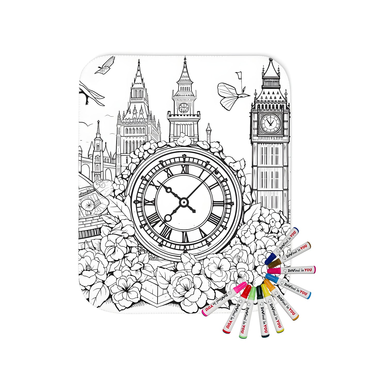 Colorful blanket based on iconic Big Ben illustration with flowers, butterflies, and London landmarks