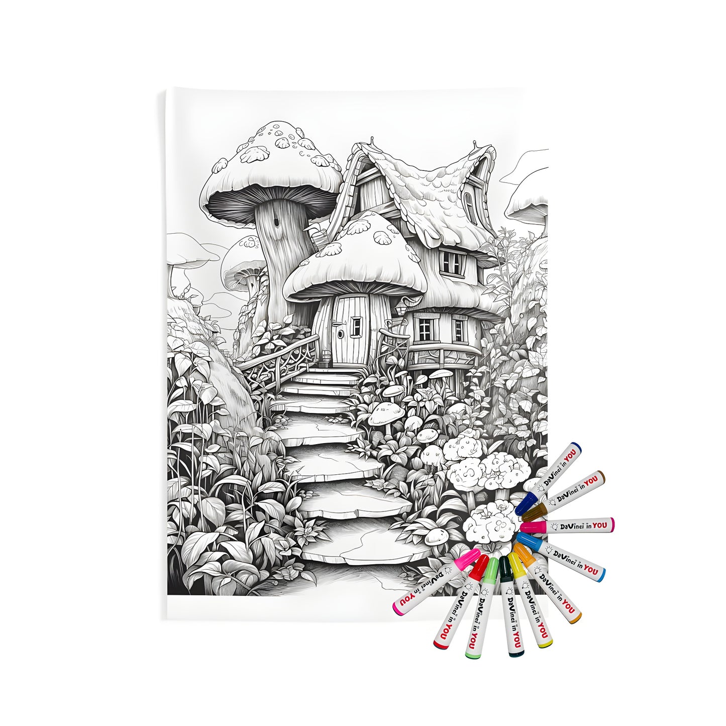 Whimsical mushroom house indoor wall tapestry with colorful garden details and winding pathway