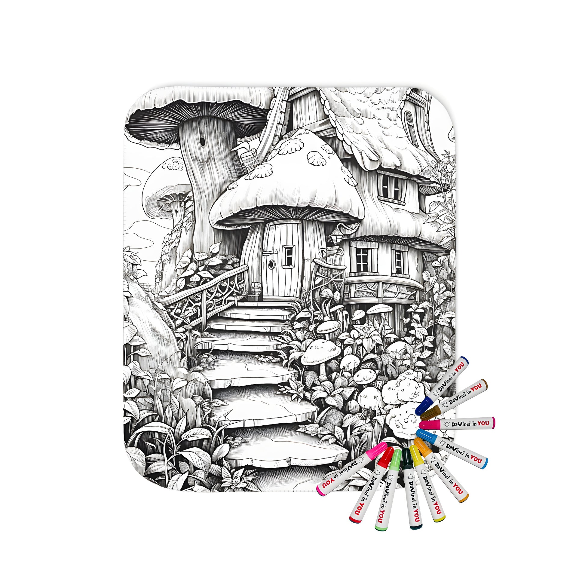 Whimsical mushroom house fabric blanket design