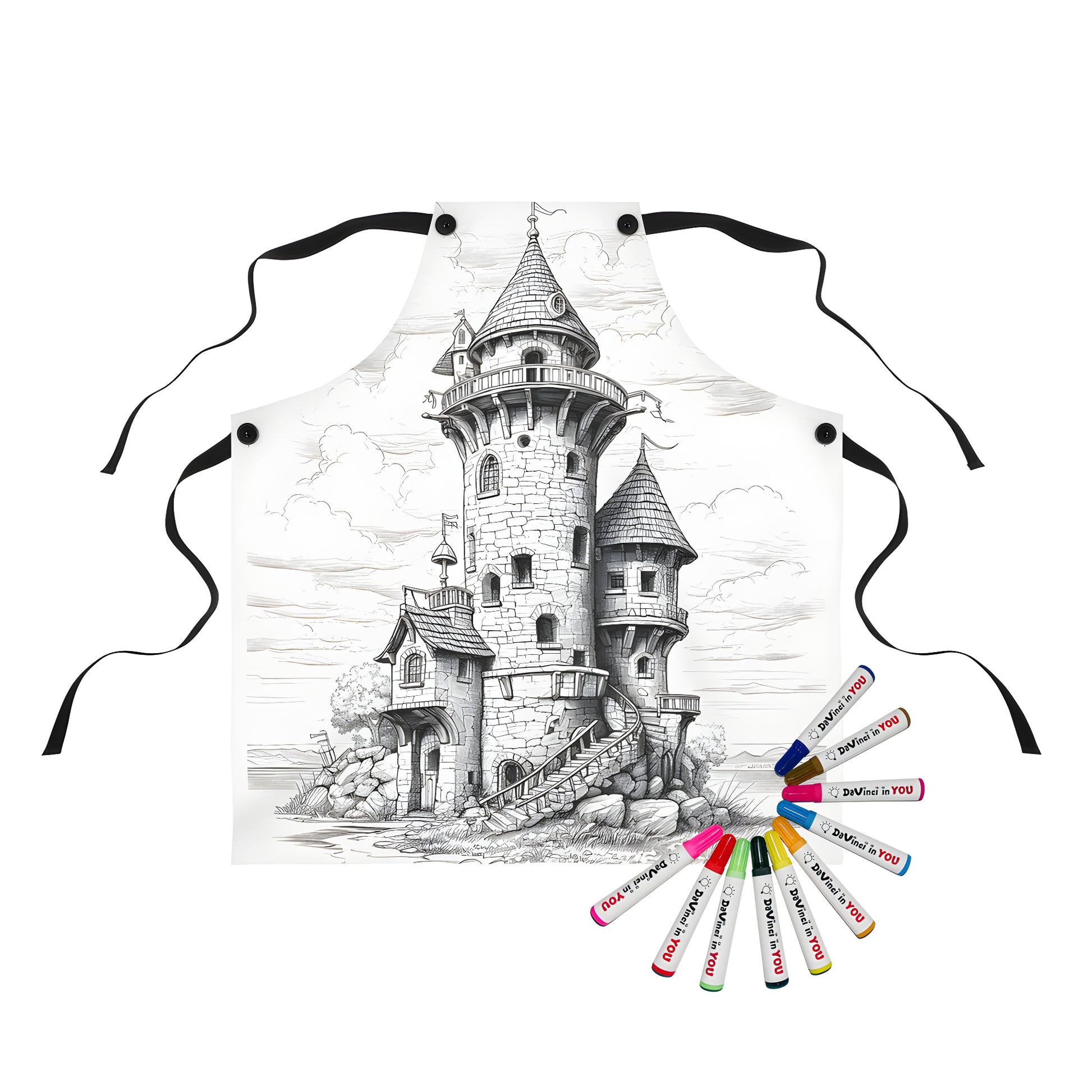 Apron with medieval tower coloring page design, featuring castle, fortress, keep, and ancient stronghold