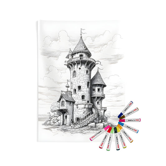 Ancient Castle Tapestry, Coloring Kit, Indoor Wall Hanging with Fabric Markers, Black and White Castle Print, Medieval Fortification Art