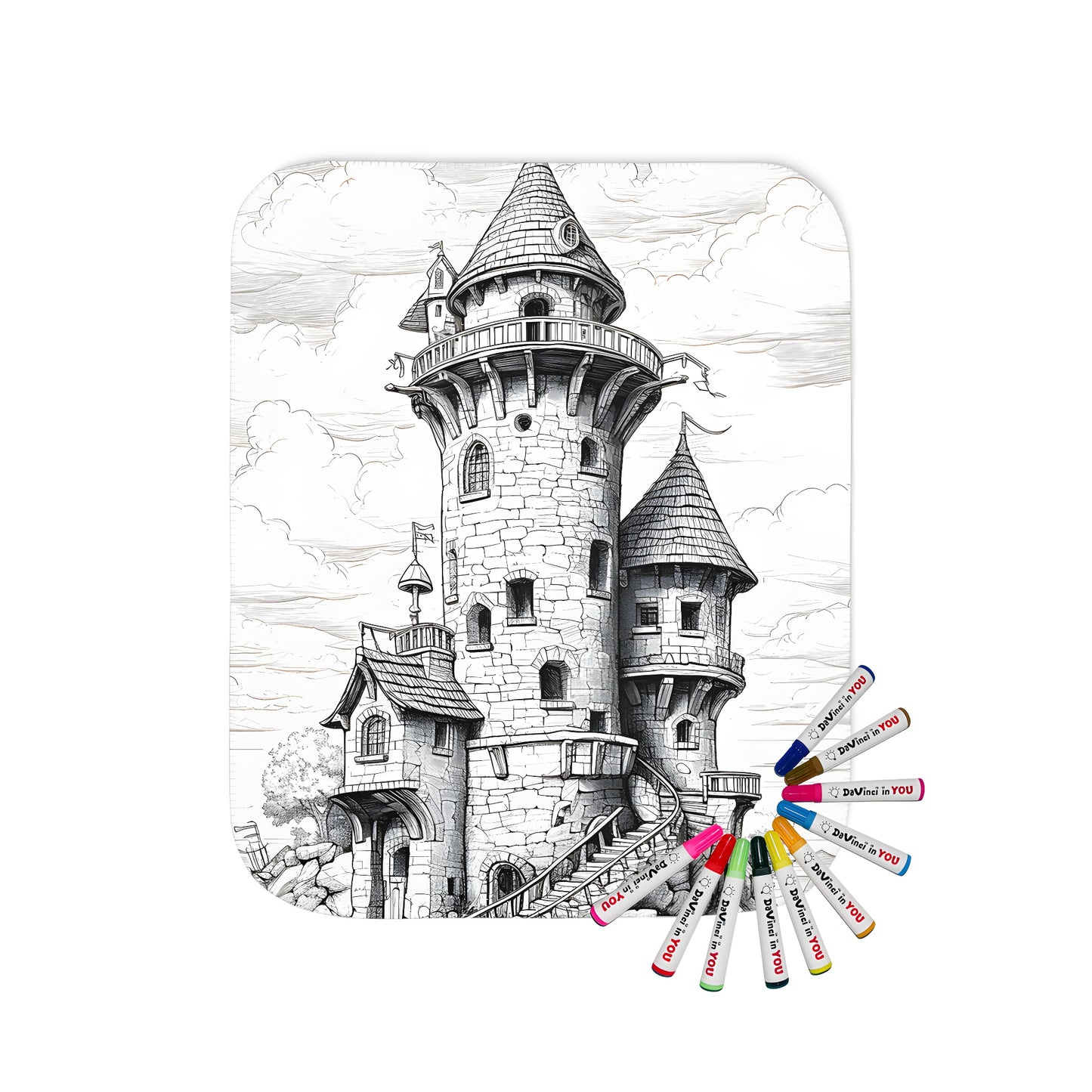 Blanket featuring an ancient castle illustration, medieval fortress design, and turreted keep against a cloudy sky