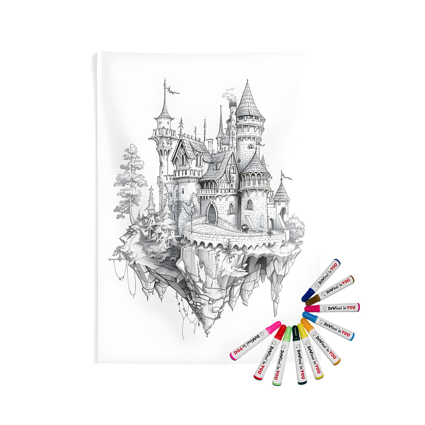 Coloring wall tapestry of a majestic medieval castle floating above ground with towers and stone walls