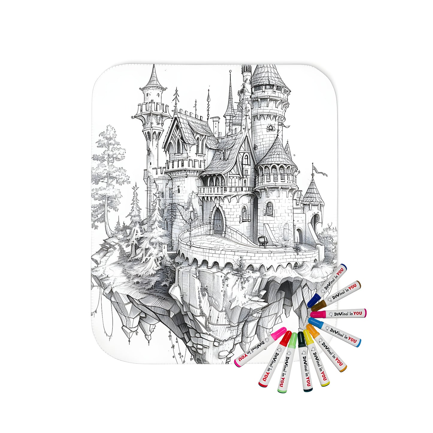 Cozy blanket with an intricate drawing of a medieval castle suspended high above ground level, featuring multiple towers and a drawbridge for a whimsical touch