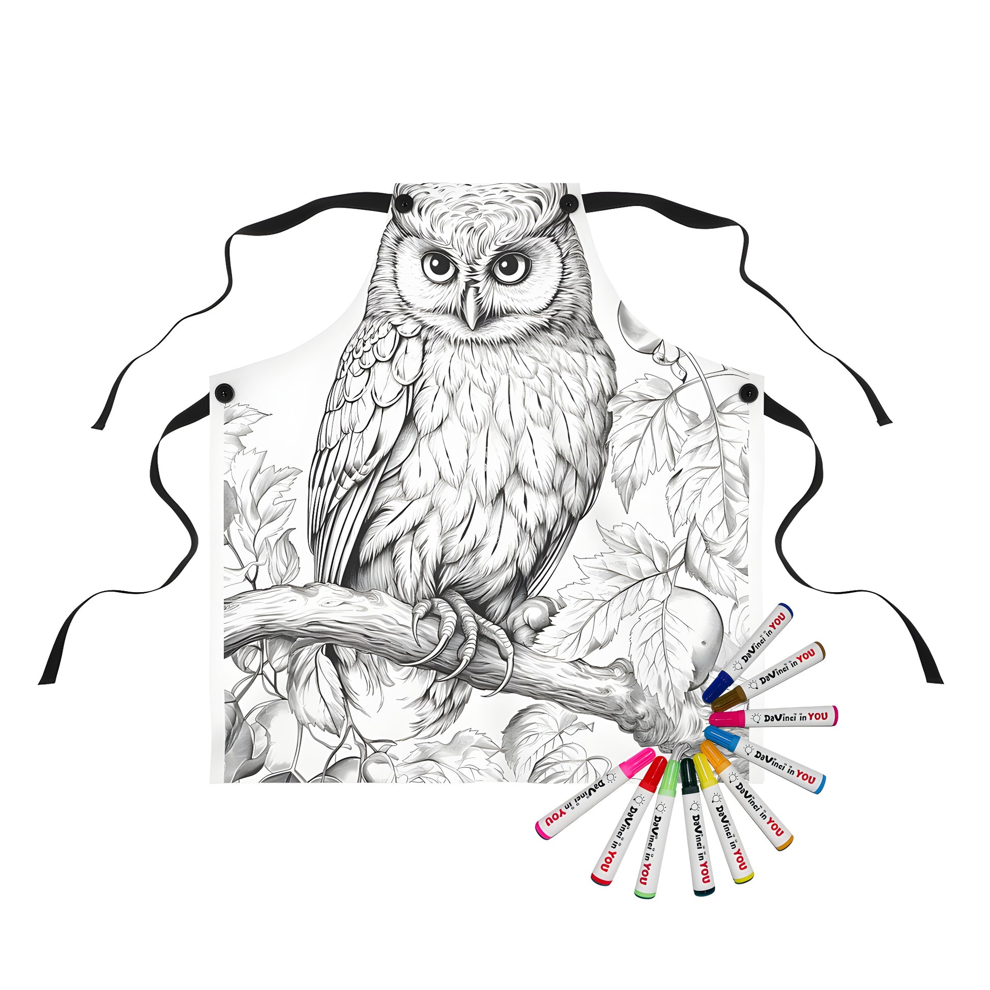 Coloring apron with detailed owl illustration and branch design