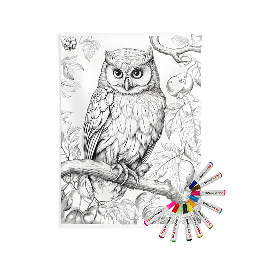 Indoor wall tapestry featuring a detailed illustration of an owl perched on a branch, surrounded by leaves and fruits. Perfect for owlish enthusiasts, bird lovers, and fans of nature-inspired decor.