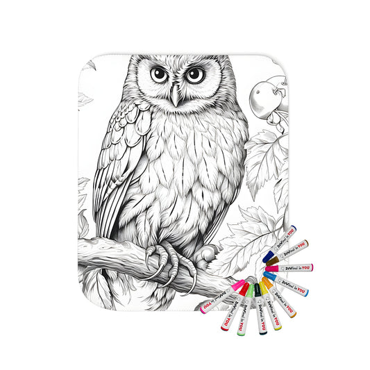 Coloring blanket for kids and adults with detailed illustration of an owl perched on a branch, surrounded by leaves and fruits