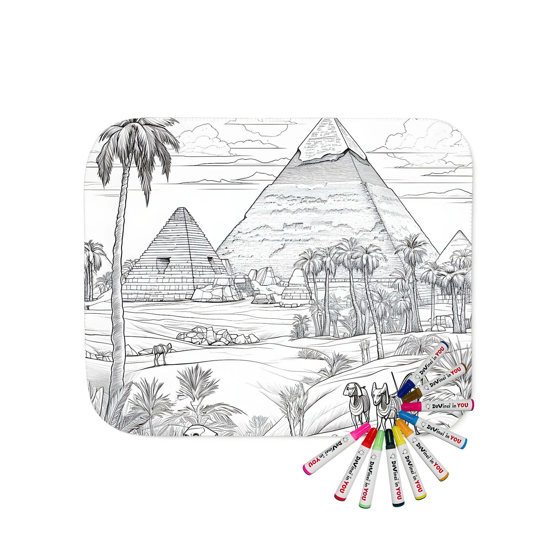 Cozy blanket with Egyptian pyramids design, featuring camels, palm trees, Sphinx, and rocky landscape against a cloudy sky. Soft and plush.