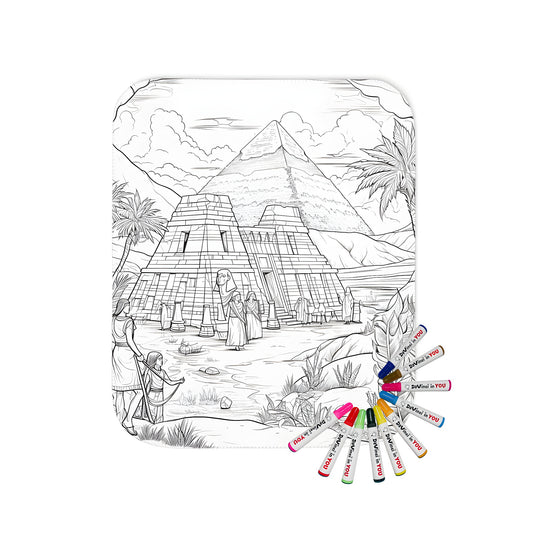 Egyptian pyramids, monuments, ancient temples coloring page on soft, cozy blanket