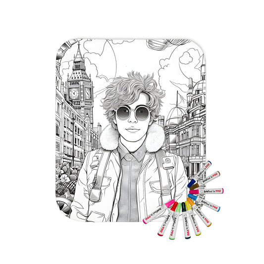 Cityscape blanket with a young person in fashionable attire and sunglasses