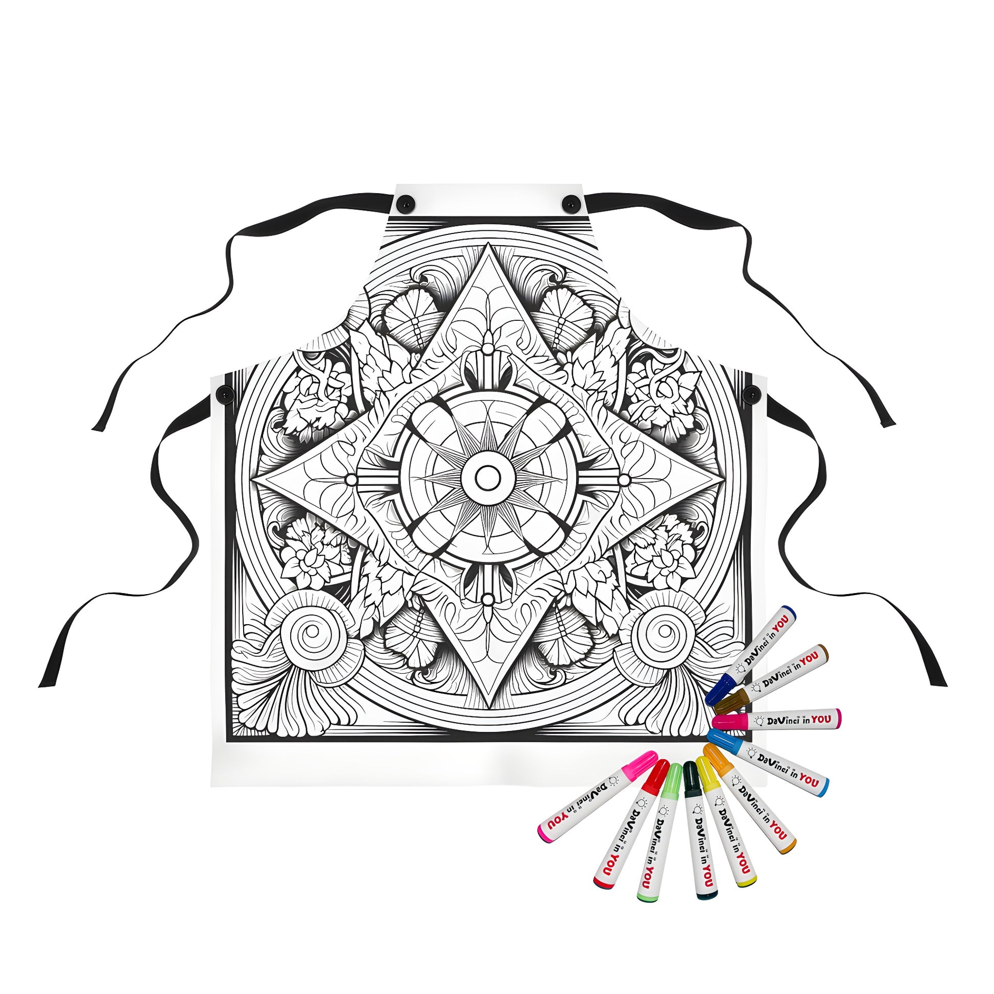 Apron featuring a colorful floral mandala design with intricate geometric patterns