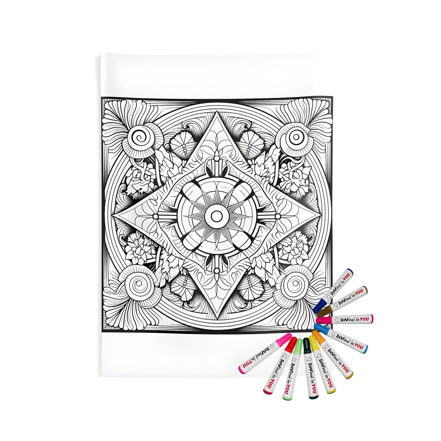 Indoor wall tapestry featuring an intricate black and white geometric pattern with floral elements, ideal for adult coloring enthusiasts