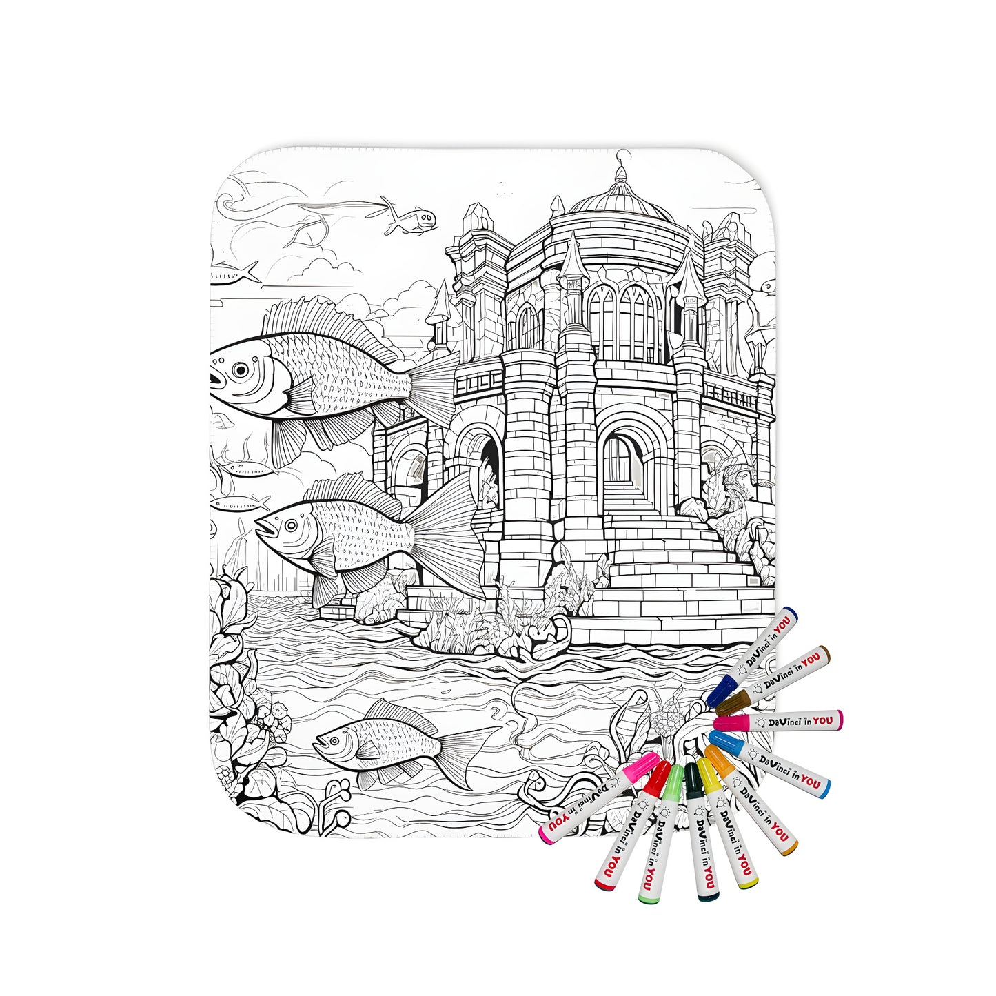 Intricate underwater castle blanket with detailed architecture, colorful fish, and marine plants fabric art