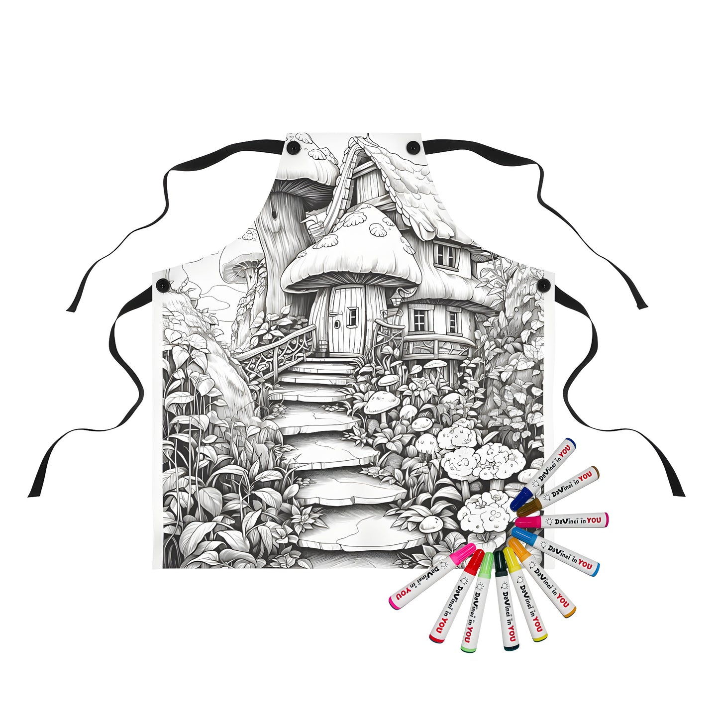 Whimsical apron featuring an imaginative mushroom abode illustration, surrounded by vibrant greenery and intricate details
