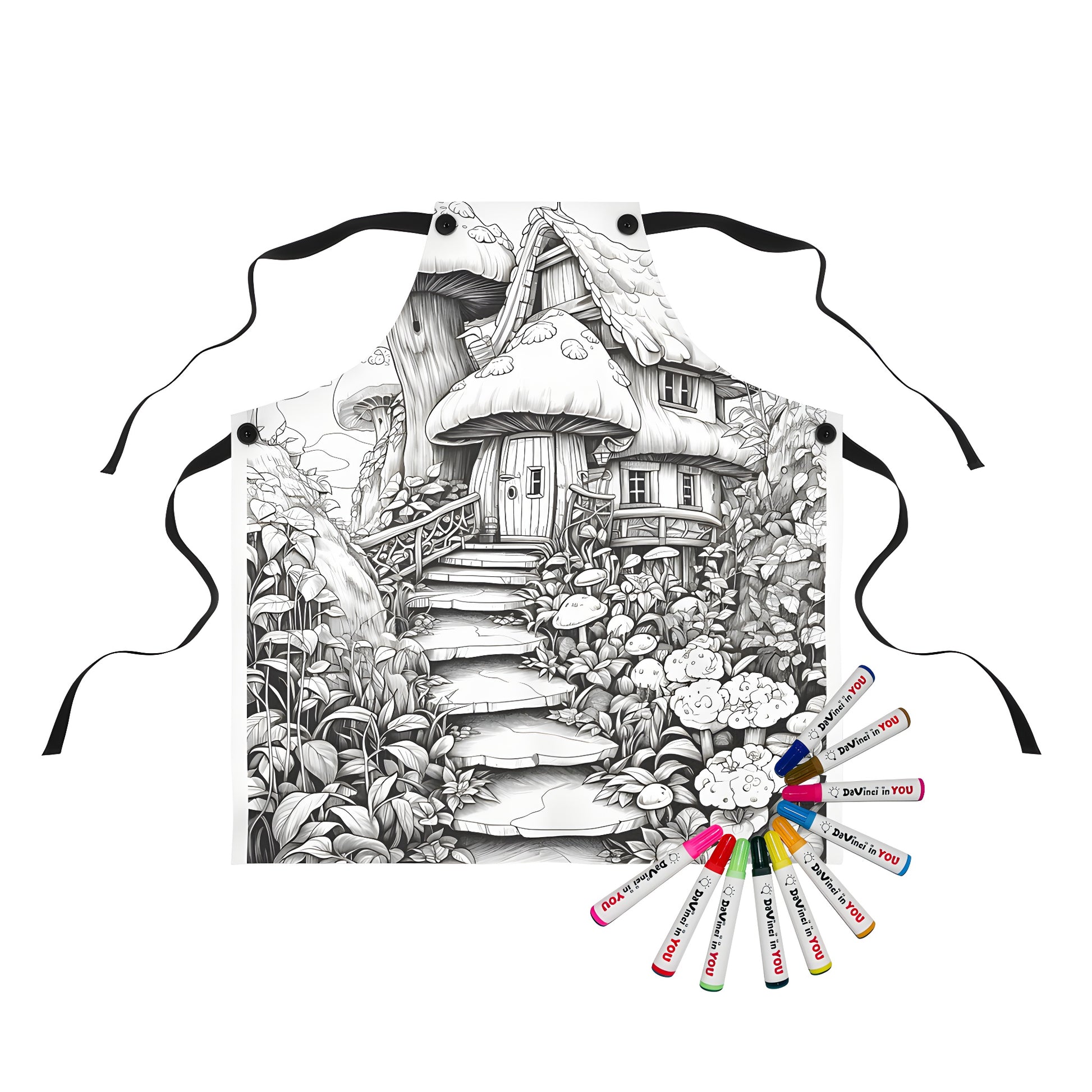 Whimsical apron featuring an imaginative mushroom abode illustration, surrounded by vibrant greenery and intricate details