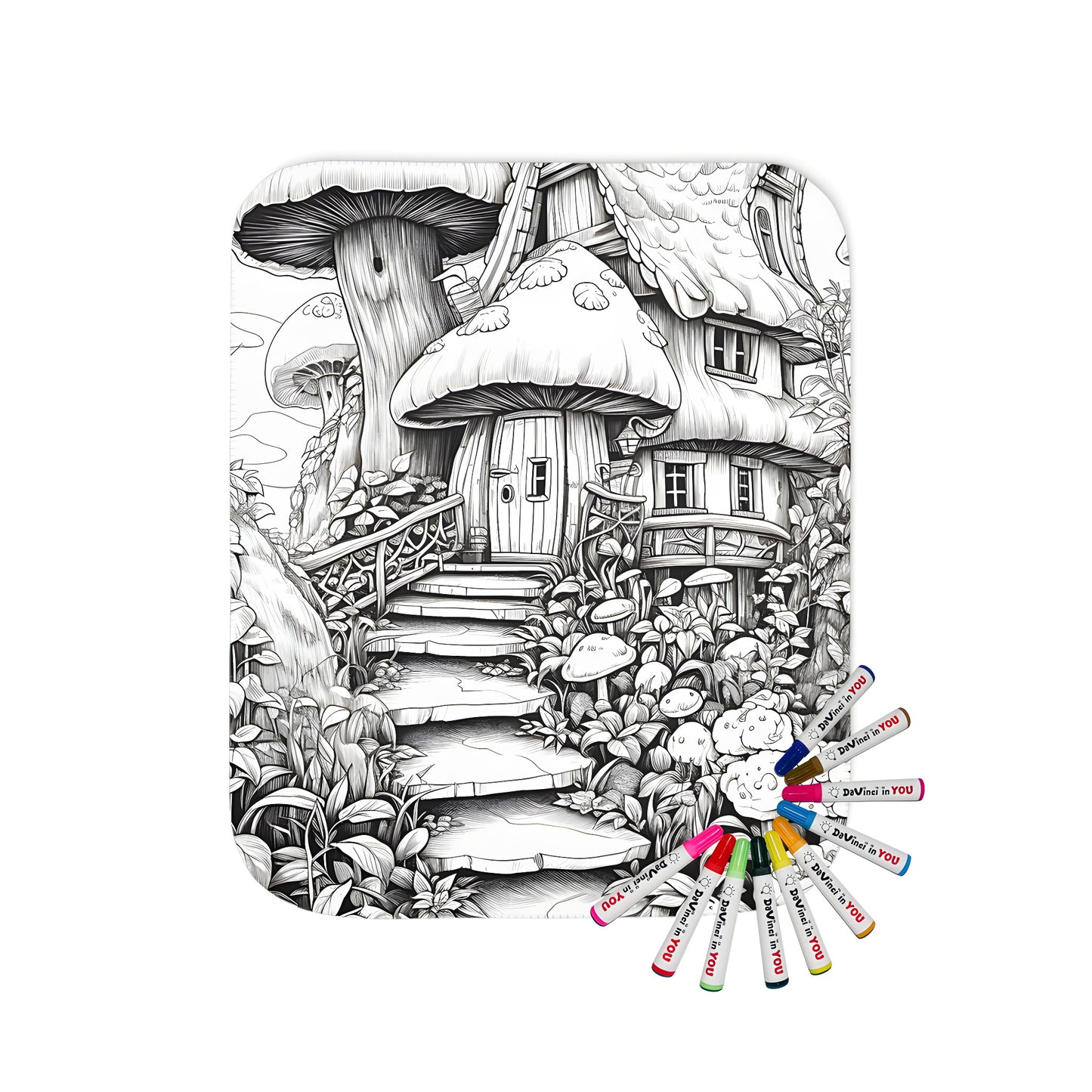 Cozy blanket featuring a detailed illustration of a whimsical mushroom cap house, surrounded by lush greenery and a stone staircase