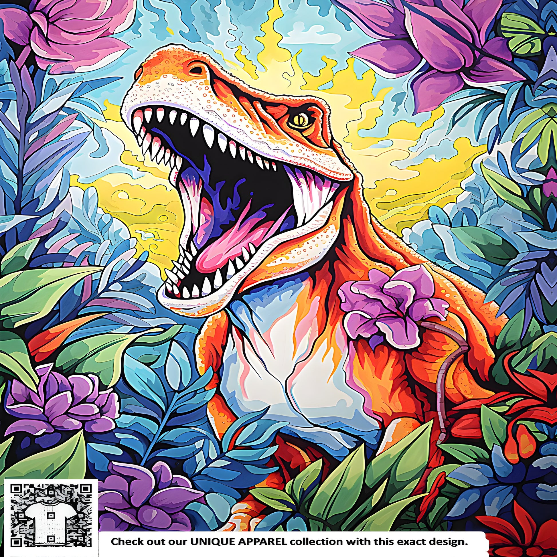 Colorful illustration of a roaring T-Rex with flowers and jungle plants