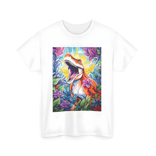 Vibrant illustration of a roaring dinosaur on a unisex t-shirt surrounded by colorful flowers and lush jungle plants