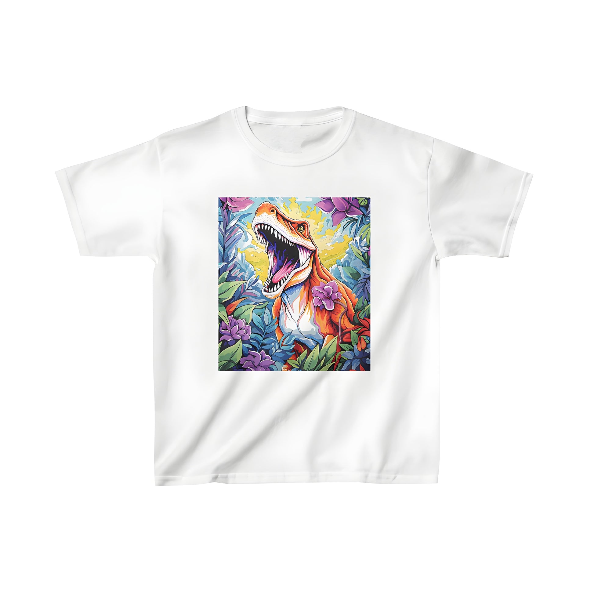 Colorful kids t-shirt featuring a vibrant illustration of a roaring T-Rex surrounded by flowers and jungle plants. Perfect for little dinosaur lovers!