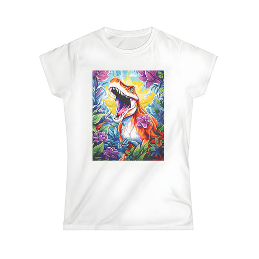 Women's graphic t-shirt featuring a fun and colorful illustration of a T-Rex surrounded by flowers and jungle plants