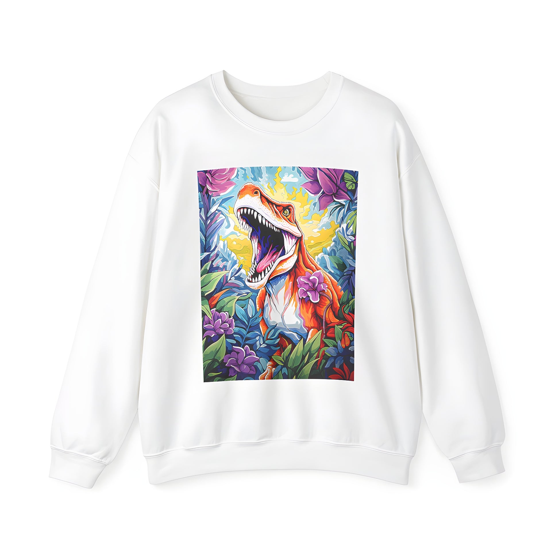 Adult sweatshirt featuring a T-Rex illustration, surrounded by colorful flowers and jungle plants