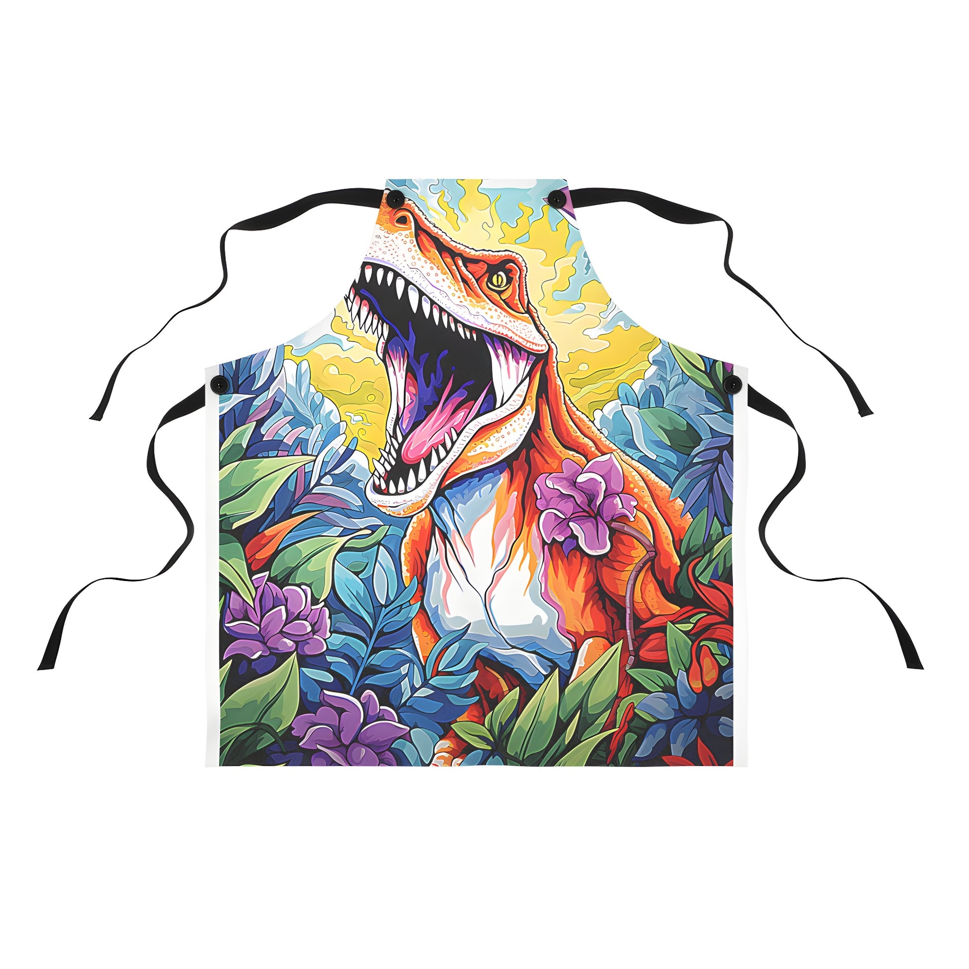 Colorful apron featuring a vibrant T-Rex illustration surrounded by flowers and jungle plants