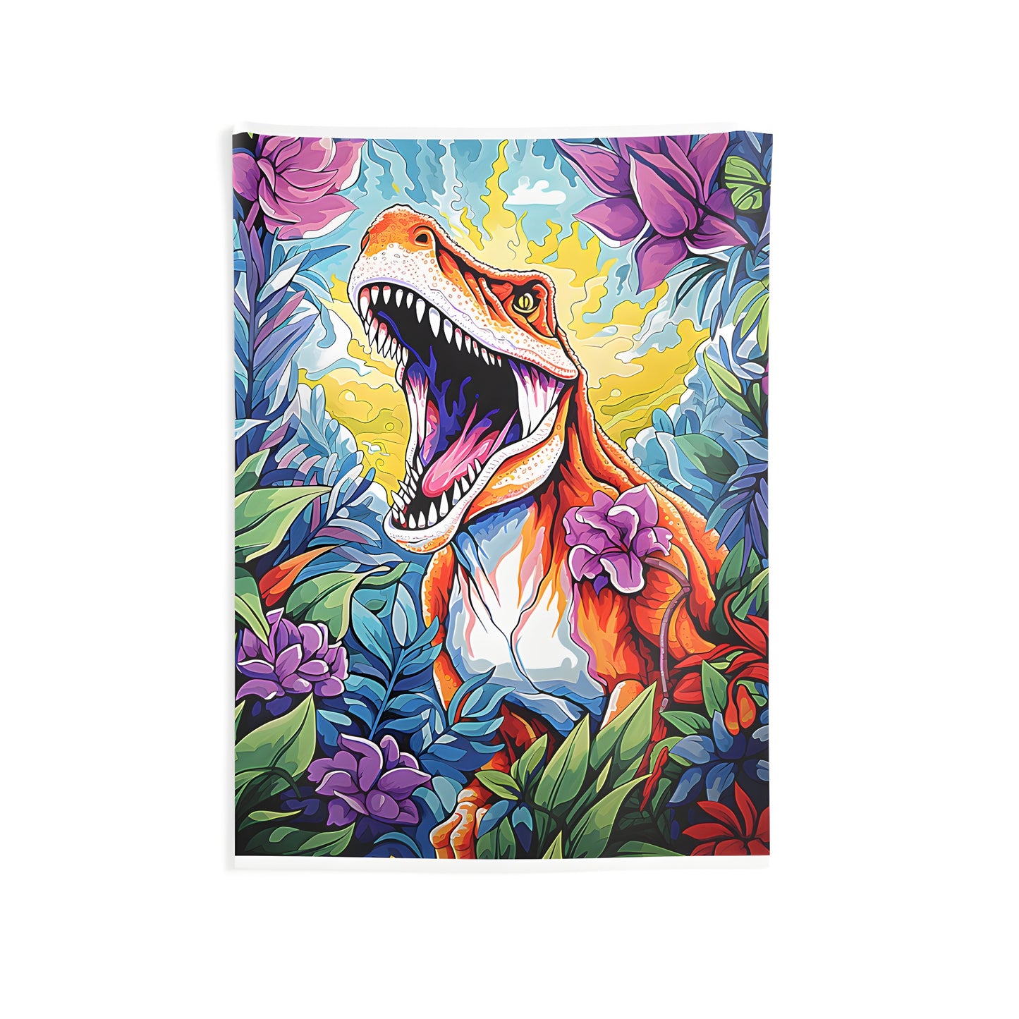 Indoor wall tapestry featuring a vibrant illustration of a T-Rex surrounded by colorful flowers and lush jungle plants