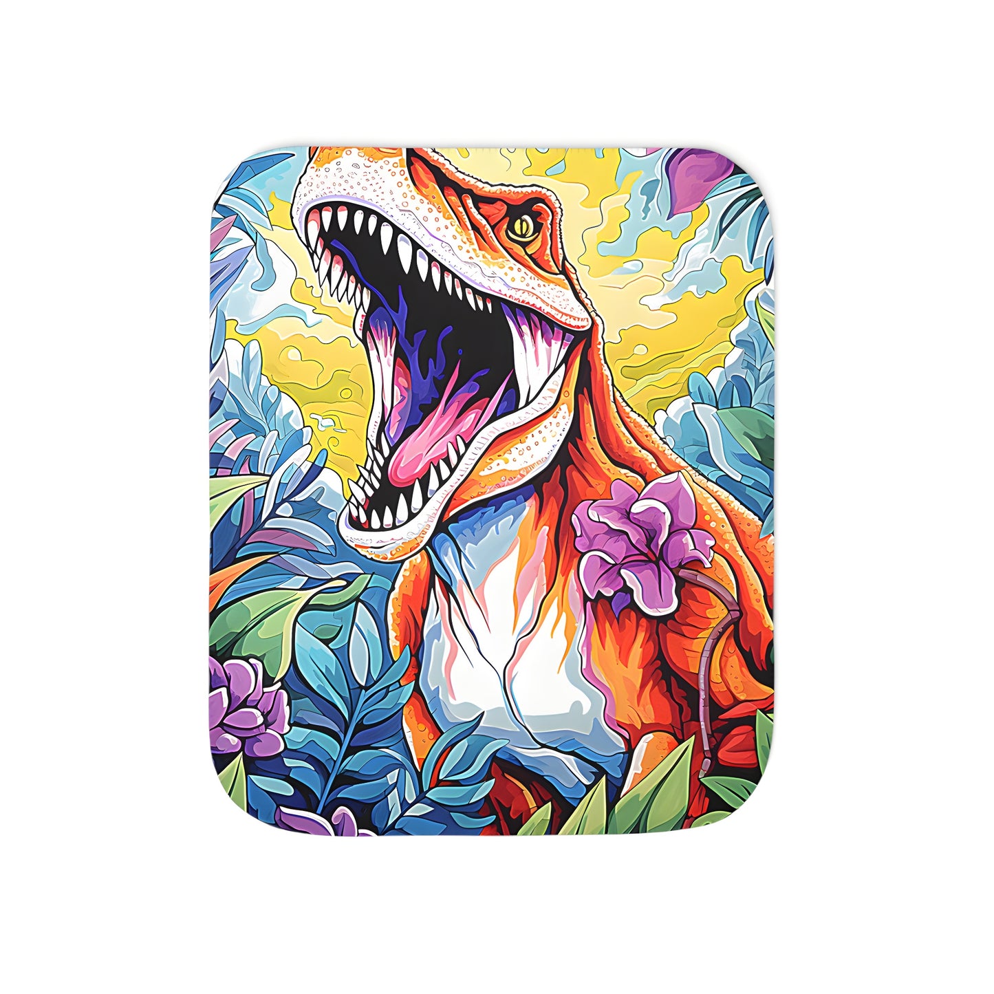 Colorful dinosaur blanket with Tyrannosaurus, T-Rex, prehistoric animal print surrounded by flowers and jungle plants