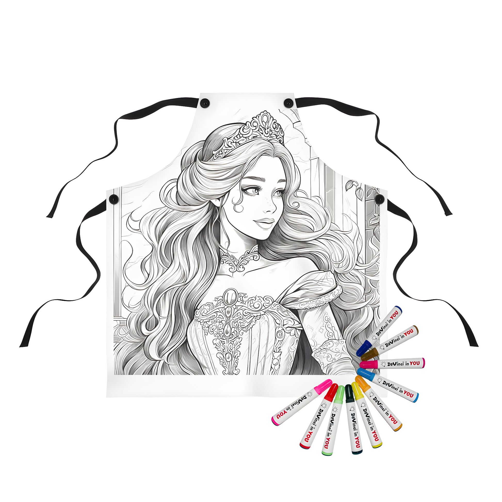 Apron featuring intricately drawn princess coloring page design