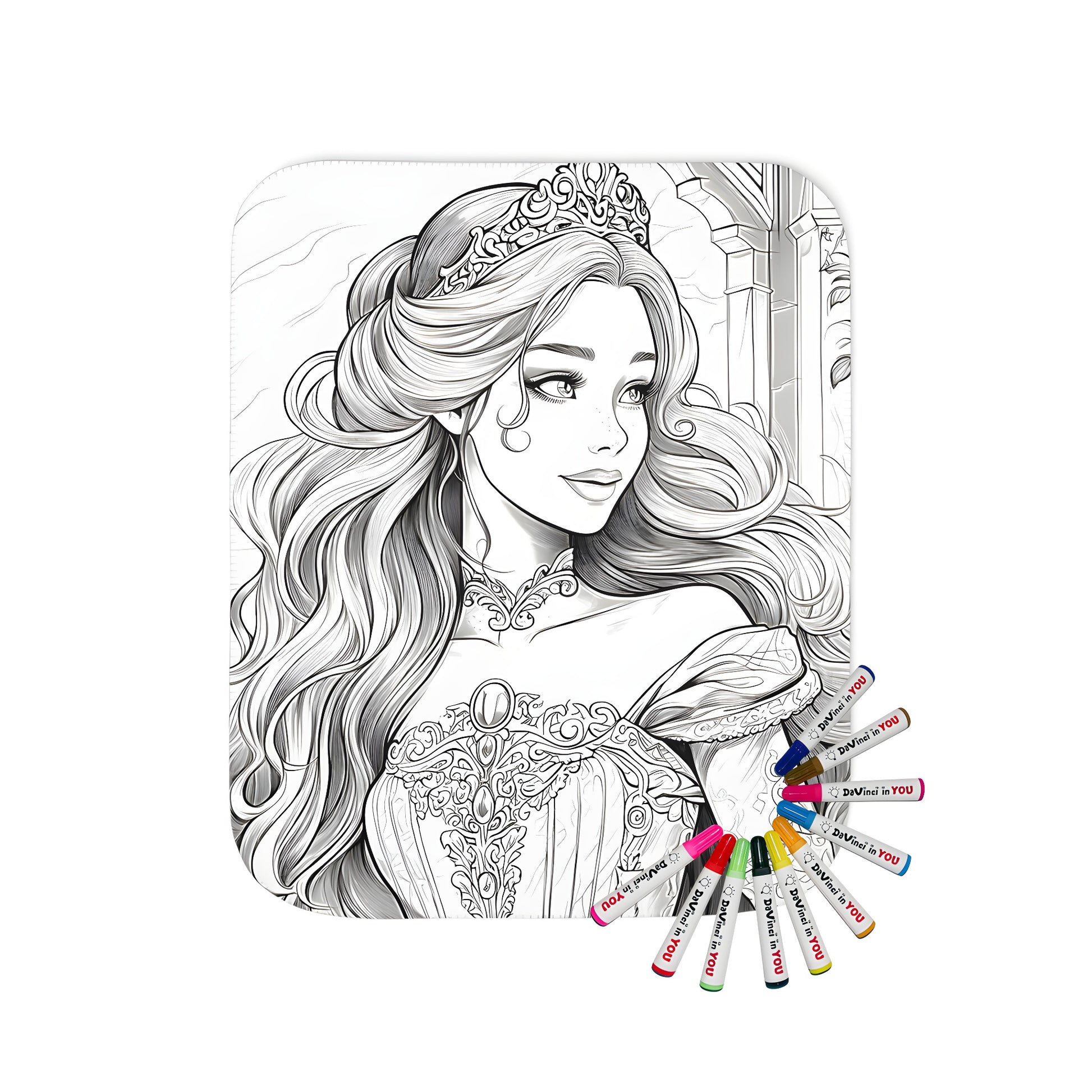 Blanket with elegant princess design, intricately drawn royal theme, luxurious fabric markers