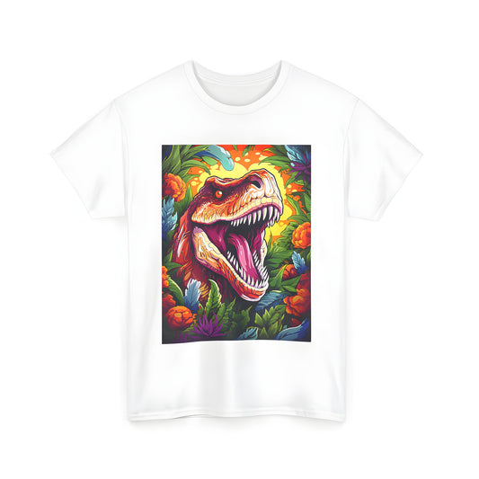 A vibrant illustration of a roaring dinosaur surrounded by lush, colorful jungle foliage on a bright yellow Unisex T-shirt background