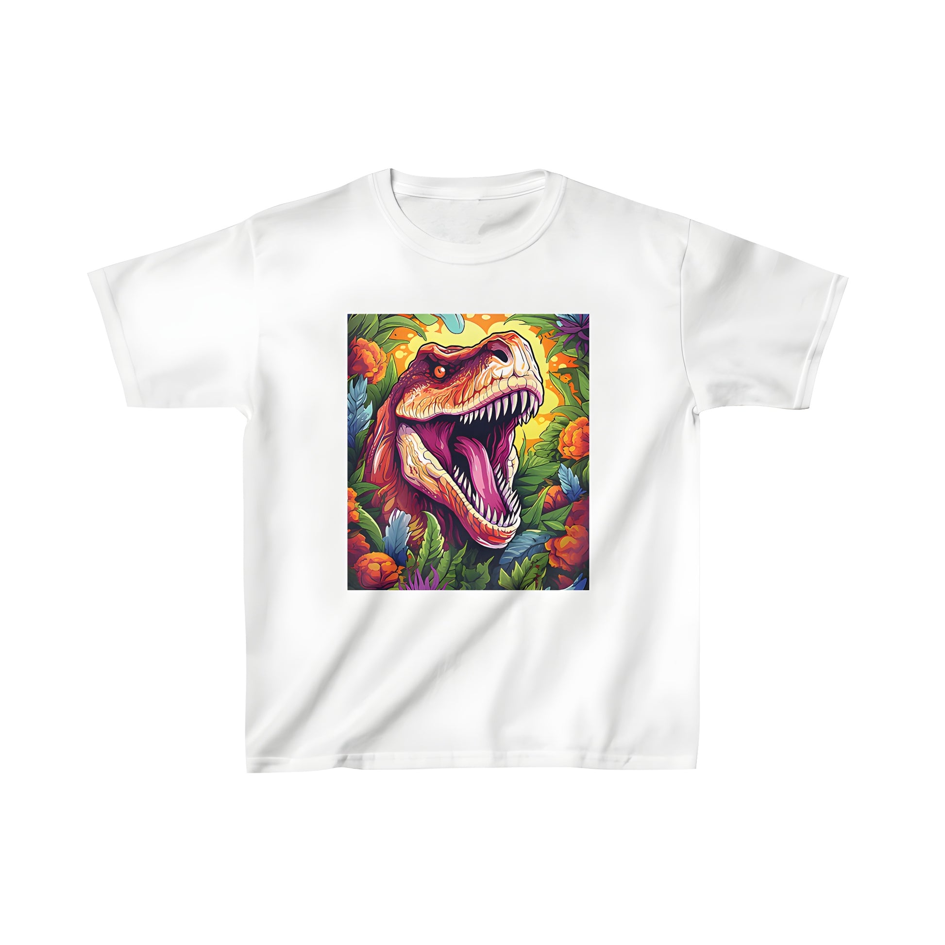 T-Rex Kids Tee, Colorful Jungle Illustration on Children's Graphic Shirt