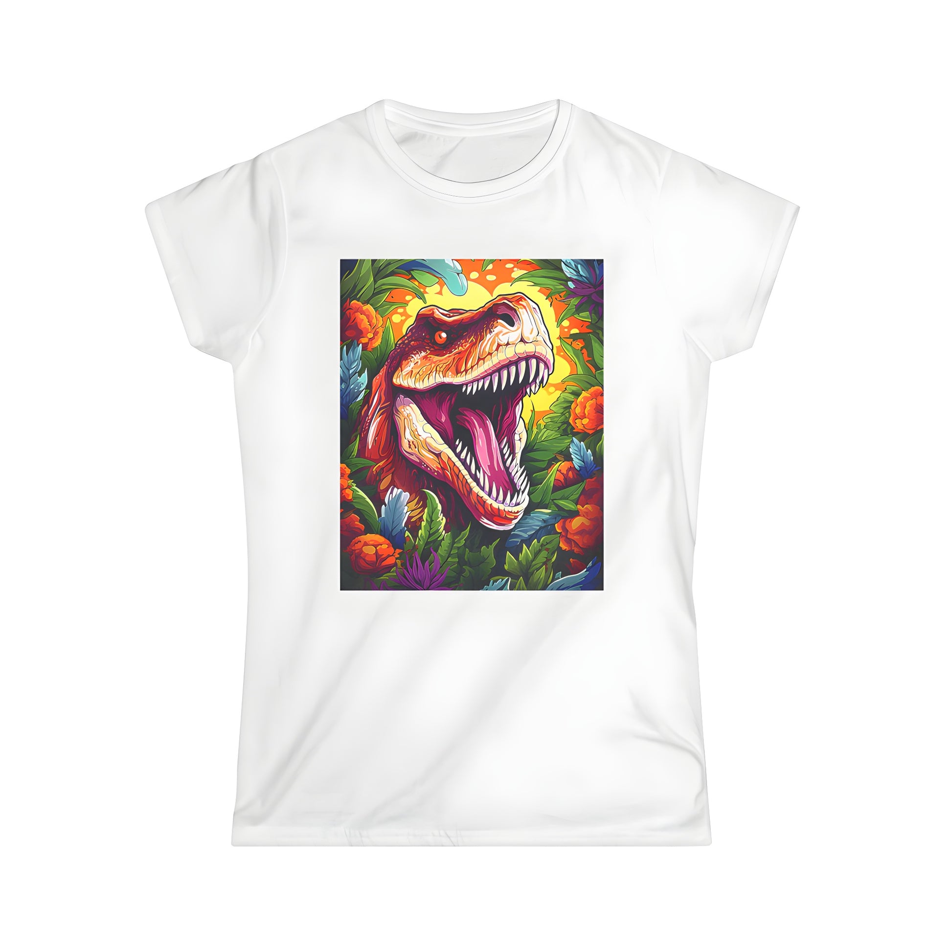 Colorful Women's T-shirt featuring a vibrant illustration of a roaring Dinosaur, Prehistoric Beast or Jurassic Monster surrounded by lush foliage and a bright yellow background