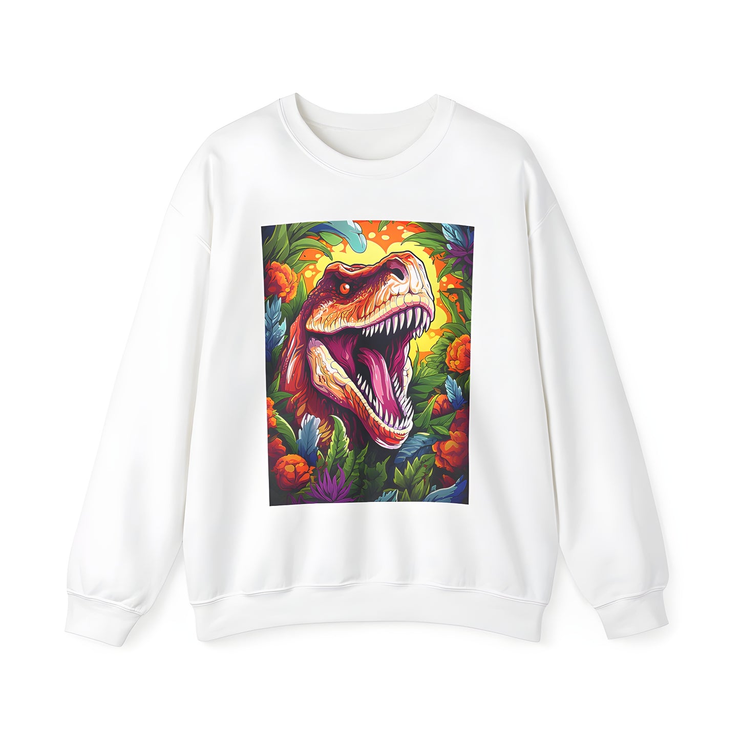 Adult sweatshirt featuring a vibrant Apatosaurus in the jungle illustration on a bright yellow background