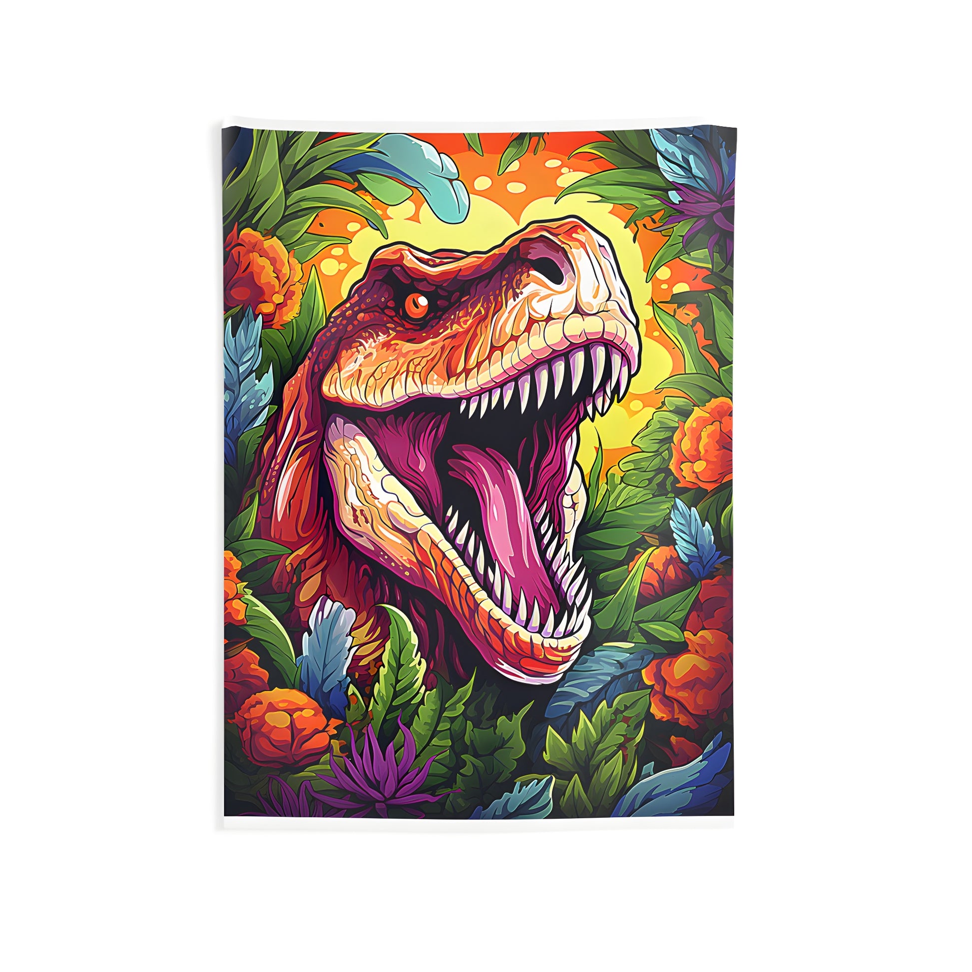 Indoor Wall Tapestry featuring a vibrant illustration of a roaring Tyrannosaurus Rex surrounded by lush jungle foliage on a bright yellow background