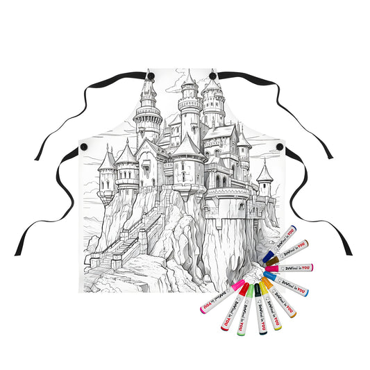 Coloring kit apron with medieval castle design and fabric markers for art and crafts