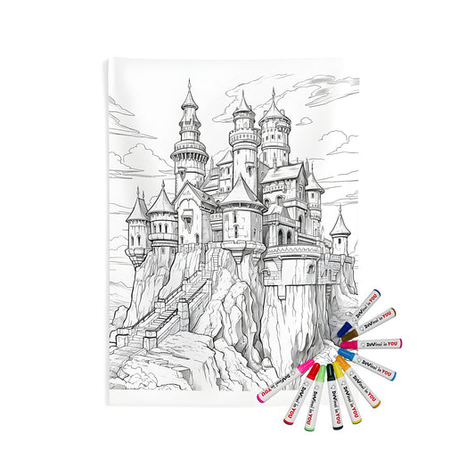 Intricate medieval castle wall hanging with colorful markers, indoor tapestry, and castle art