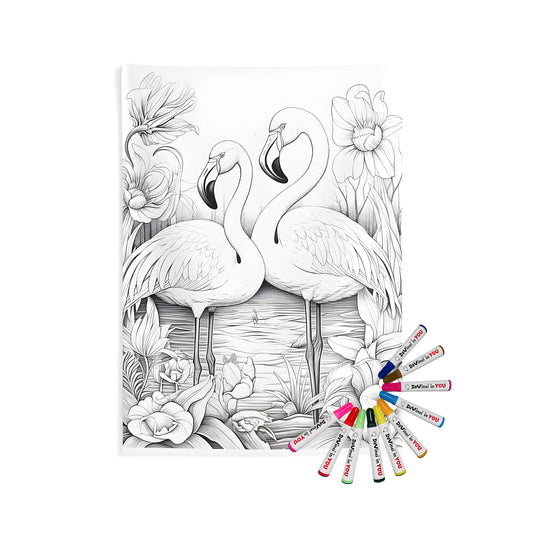 Coloring kit for indoor wall tapestries featuring two flamingos standing in a pond surrounded by flowers and natural scenery.