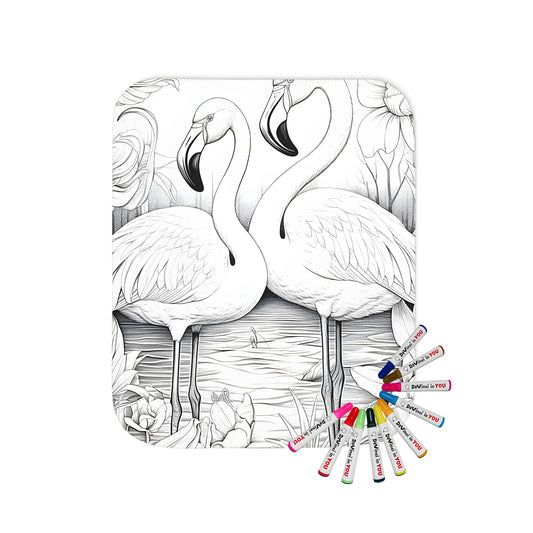 Colorful blanket featuring a vibrant illustration of flamingos, pink birds, waterfowl, and tropical scenery