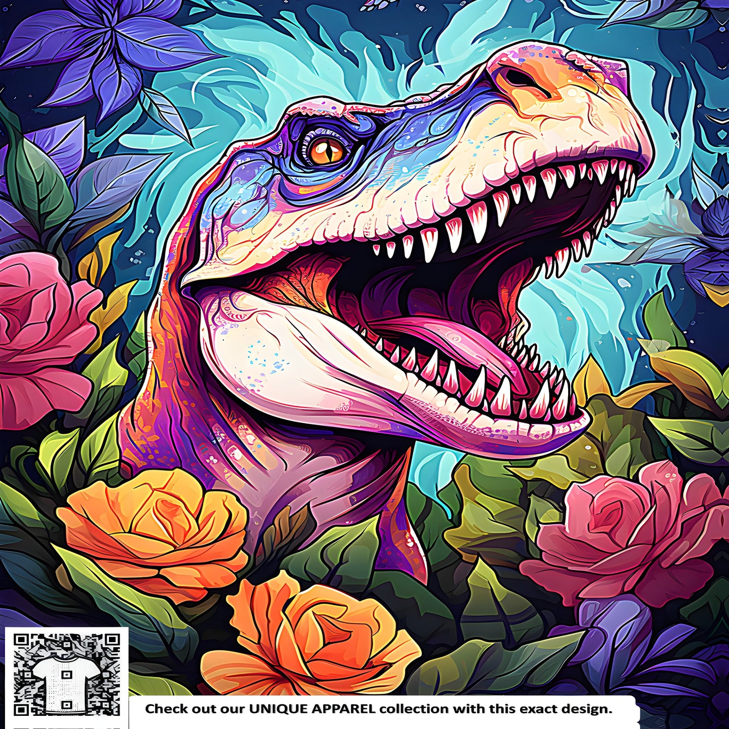 A colorful dinosaur in floral environment, vibrant roses and leaves surround a majestic T-Rex illustration