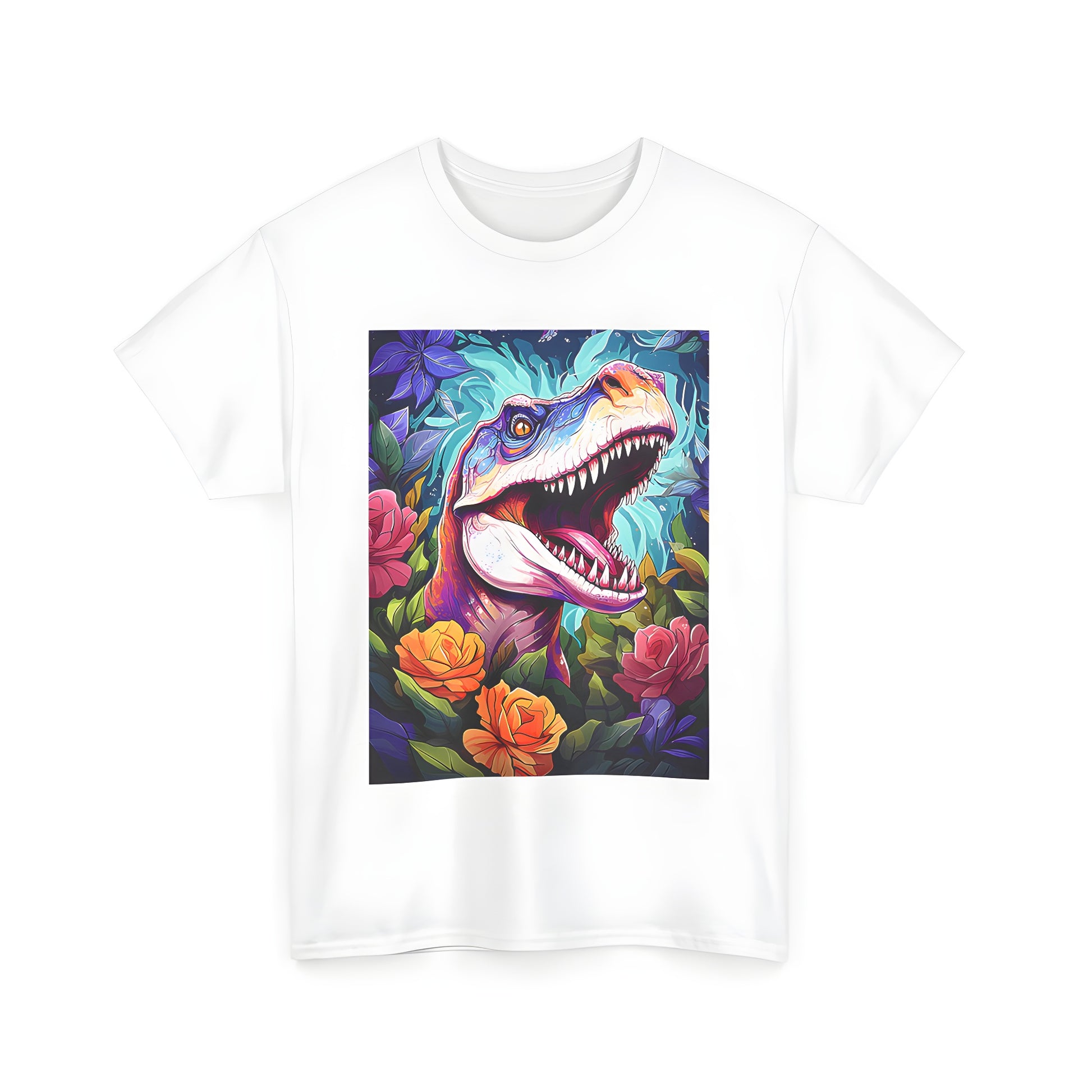 Tyrannosaurus rex shirt in floral surroundings, colorful tee with dinosaur print