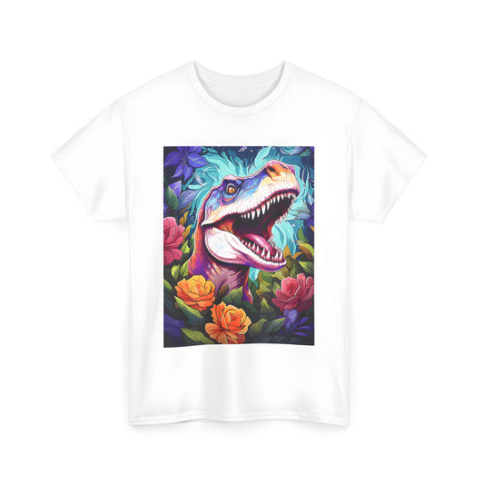 Tyrannosaurus rex shirt in floral surroundings, colorful tee with dinosaur print