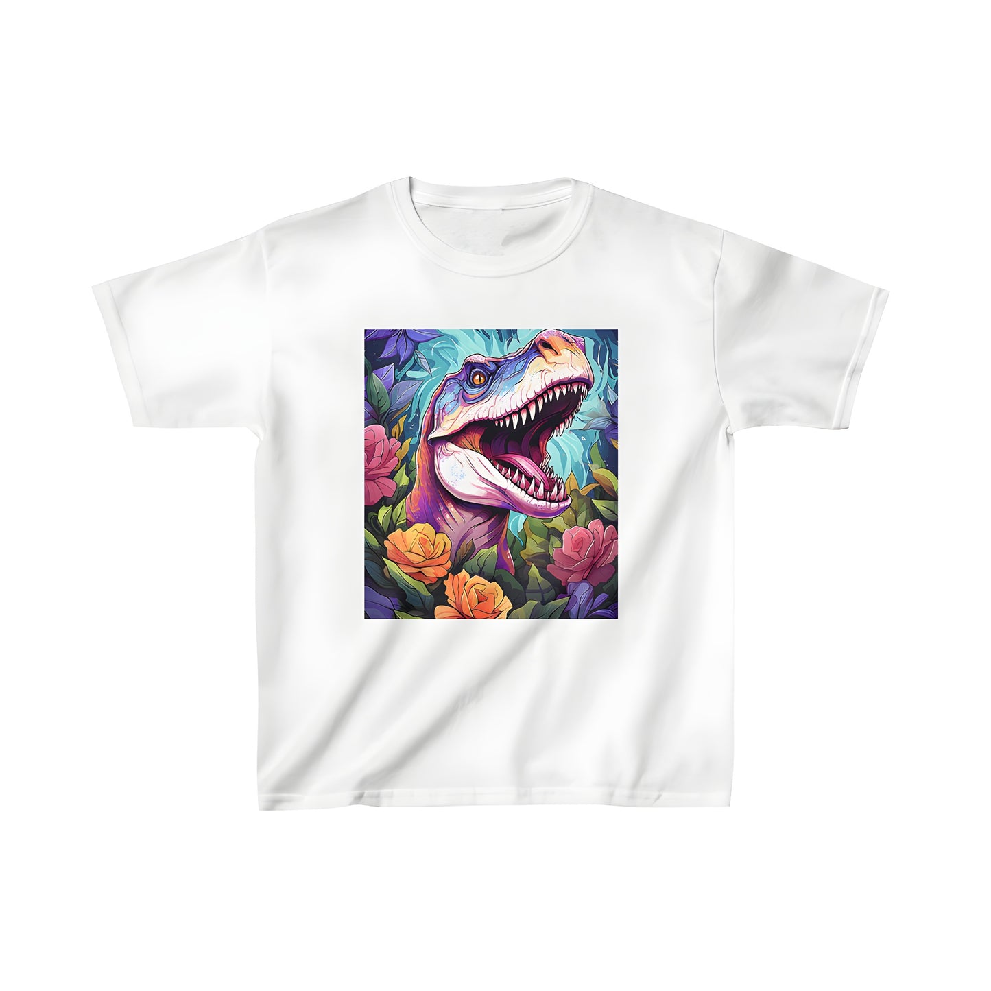 Colorful kid's t-shirt with dinosaur design, vibrant floral environment and fun illustration