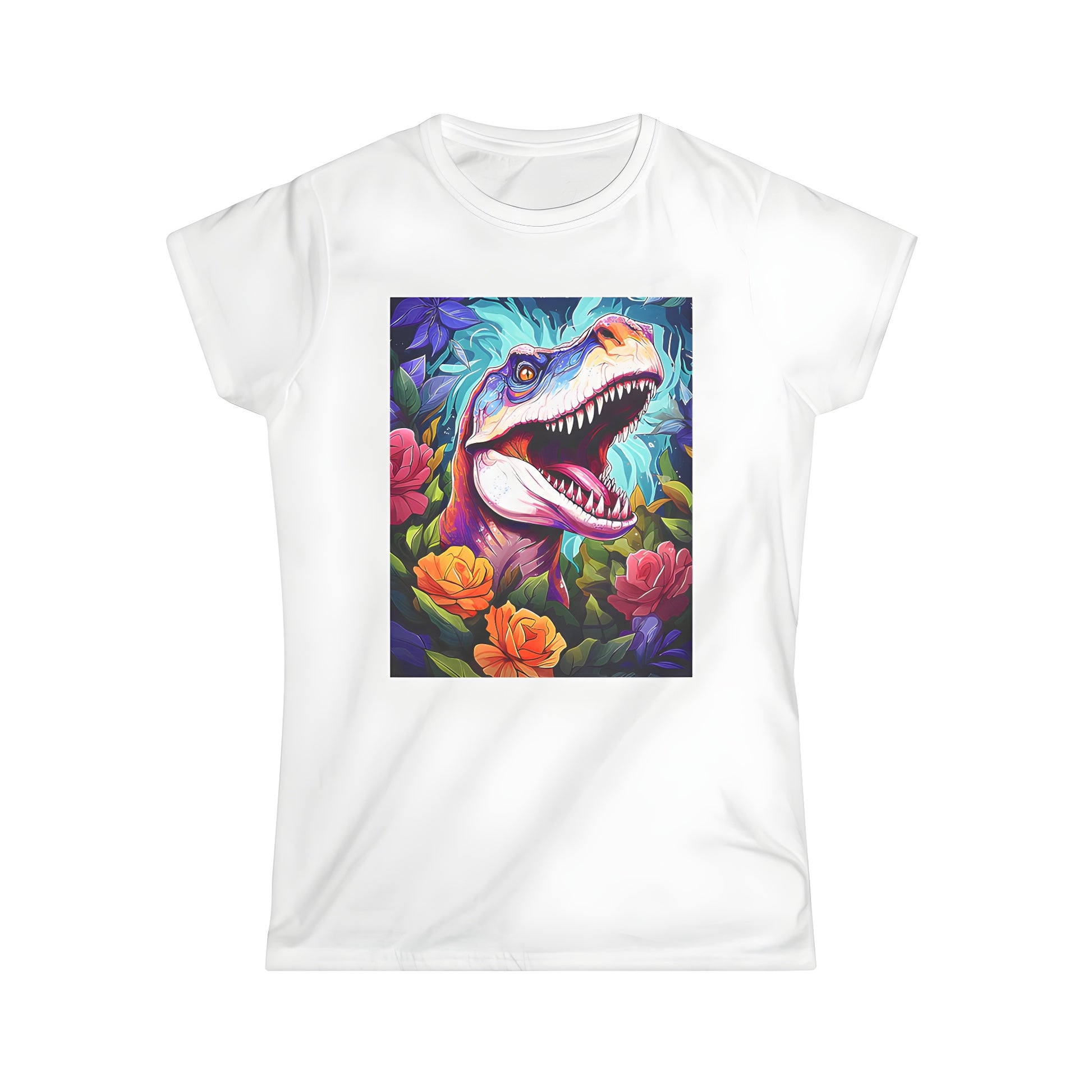 Women's Graphic T-Shirt featuring a colorful Dino Design in Floral Patterns