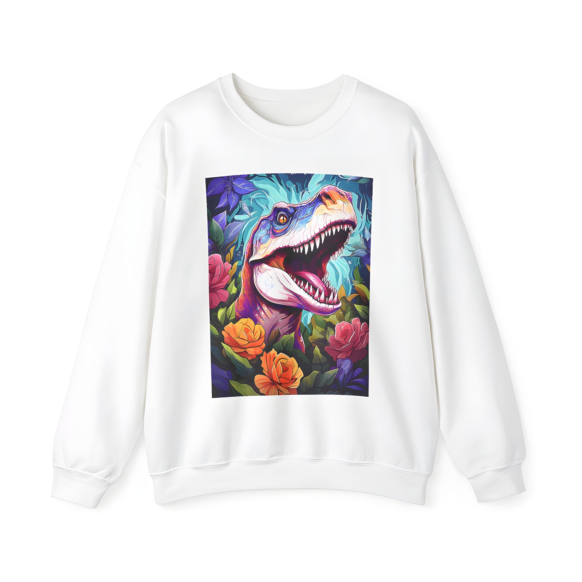 Colorful T-Rex in Floral Setting Adult Sweatshirt